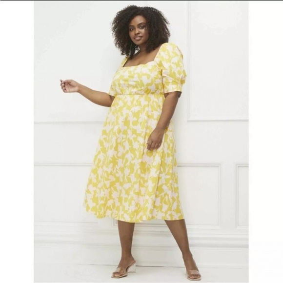 Eloquii | Bright Yellow Baby Pink Floral‎ Puff Sleeve Midi Sundress Square Neck - Picture 9 of 9